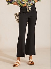 cheap Pants-Slightly Stretch Fine Rib Cropped Flared Pants