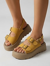 baratos Sandálias de Plataforma-Sandálias femininas amarelas de plataforma – sandálias casuais de verão com solado grosso e fivela ajustável, ideais para caminhadas e viagens. &amp;uso diário