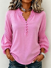 billige Enkle bluser-Dame Bluse Knapper Helfarge Stilfull Fritid Langermet V-hals Vanlige topper Avslappet Daglig Blå Svart Hvit Rosa Rød Sommer Vår Høst