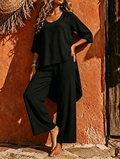 cheap Sets-Women's Cotton Linen Sets Pants Sets Bolero Long Sleeve Crew Neck Solid Color Fashion Streetwear Casual Daily Outdoor Blue Black White Summer Regular Fit