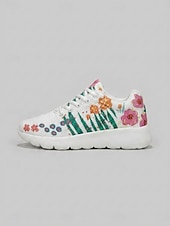 cheap Women's Sneakers-Women's White Floral Print Breathable Sneakers - Lightweight Lace-Up Casual Shoes with Colorful Flower Pattern, Comfortable Non-Slip Footwear for Walking, Travel &amp; Daily Wear