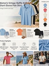  Women's Waffle T-shirt T Shirt Polo Shirts Waffle Knit Tops Pocket Plain Fashion Stylish Classic Short Sleeve Polo Collar Regular Tops Casual Daily Beach Blue Black White Red Orange Summer Spring