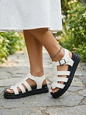 abordables Sandalias Gladiador-Women's Beige Platform Fisherman Sandals – Comfort Wide Fit Adjustable Strap Sandals with Contoured Footbed for Casual Walking &amp; Summer Everyday Wear