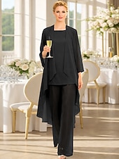 abordables Trajes de pantalón de mamá-Traje de pantalón Traje de 3 piezas Hasta el Suelo Vestido de Madrina Sin Mangas Barco de cuello Elegante Talla Grande Bolero incluido Invitado a la boda Gasa Vestidos de chaqueta con Un Color
