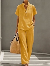 cheap Sets-Women's Linen-feel Set Pants Sets Short Sleeve Stand Collar Solid Color Fashion Streetwear Casual Daily Outdoor Blue Yellow Khaki Spring &amp; Summer Loose Fit