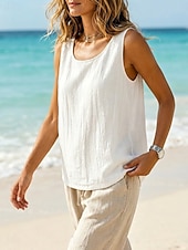 cheap Shirts-Women's Cotton Linen Vest Ruched Texture Solid Color Vintage Sleeveless Scoop Neck Regular Tops Black White Light Green Pink Light Grey Summer Spring