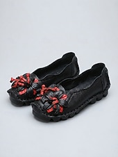 abordables Ballerines femme-Ballerines confortables en cuir de vachette rouge premium pour femme - légères et confortables toute la journée, ornées d'appliqués floraux faits main, avec semelle antidérapante, idéales pour la