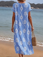  Robe brodée pour femme, robe midi à fleurs, robe d'été, basique classique pour tous les jours, vacances, coupe classique, manches courtes, col en V, bleu et blanc, été, printemps