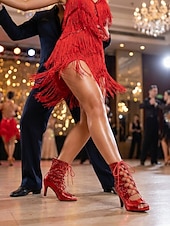 baratos Sapatos de Dança Latina-Botas de dança latina femininas vermelhas com glitter – sapatos de salto alto com cadarço e bico aberto para salsa e dança de salão. &amp;dança de tango