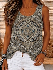  Women's Cold Shoulder Tops Bohemia Vintage Tropical Sleeveless Crew Neck Round Neck Long Tops Casual Black 1# Black 2# Red Summer Spring