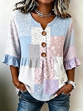 abordables Blusas Florales-Mujer Camisa Retazos Botones Estampado Floral Graphic Bloque de color Vintage Elegante Media Manga Escote en Pico Tops regulares Casual Diario Festivos Azul Piscina Rosa Marrón Verde Trébol Verano