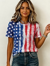  American Independence Day Women's T Shirt Print Graphic American Flag Vintage Stylish Casual Short Sleeve Crew Neck Regular Tops Casual Daily Weekend Blue White Red White Red Summer Spring