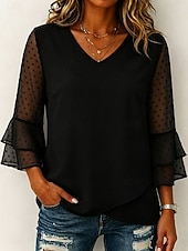 billiga Enkel t-shirt-Dam T-shirt T-tröja Elegant 3/4 ärm Volangärm V-hals Vanliga toppar Ledigt Standkläder Blå Svart Vit Rodnande Rosa Grön Sommar Vår