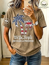  American Independence Day Women's T Shirt Buttons Graphic Flag Plants Vintage Fashion Stylish Short Sleeve Crew Neck Regular Tops Casual Daily Blue Khaki Green Gray Summer Spring