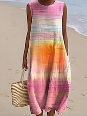 abordables Vestidos a Rayas y Geométricos-Mujer Vestido Midi Vestido de cambio Vestido de verano Vestido de una línea Vacaciones Casual Boho Playa Noche Holgado Graphic Geométrico Abstracto Sin Mangas Cuello Barco Amarillo Rosa Gris Verano