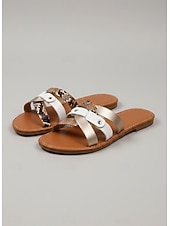 cheap Slide Sandals-Women's Snake Print Strappy Sandals with Metallic Accents - Casual Flat Summer Sandals for Beach and Everyday Wear