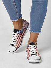  Damskie, vintage'owe, płócienne trampki z motywem amerykańskiej flagi – codzienne, sznurowane, patriotyczne buty do chodzenia z kwiatowym nadrukiem, idealne na Dzień Niepodległości i paradę &święto