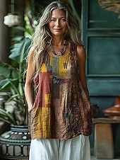preiswerte Grafiktank-Damen Boho-Hemd Grafik Abstrakt Bohemien Aktiv Urlaub Ärmellos Rundausschnitt Lange Oberteile Lässig Braun Sommer Frühling