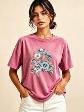 economico Maglietta Arte &amp; Design-Per donna 100% cotone T-shirt ricamata Floreale Grafico Vintage Classico Casual Manica Corta Girocollo Top Regolari Casuale Quotidiano Weekend Rosa Estate Primavera