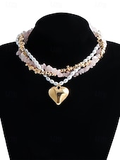 billiga Kvinnors halsband-Damhalsband med lager på lager och imitationspärlor, rosa stenar och guldpärlor, elegant chokerhänge för vardagsbruk, semester, trädgårdsfest och semiformella tillfällen