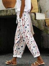  女性用 スラックス カジュアルパンツ 旅行度假风 カジュアル 足首丈 ナチュラルウエストPantsアメリカ独立記念日 グラフィック フラッグ アメリカの国旗 ドローストリング パッチワーク ポケット 快適 履き心地よい 伸縮性なし 日常 ストリート お出かけ ブルー ルビーレッド レッドとブルー 夏 春 ルーズフィット
