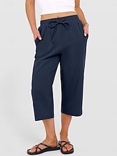 abordables jambe large et taille haute-Femmes Coton Pantalon capri Pantalons à jambes droites Mode Streetwear Occasionnel Longueur mollet Taille haute Uni Avec Poches Ceinture Élastique Confortable Doux Élastique Extérieur Vacances Rue
