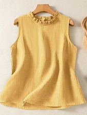  Mujer Camisa Textura Volante Color sólido Plano Vintage Sin Mangas Cuello Barco Tops regulares Casual Café marrón Negro Amarillo Verde Trébol Gris Oscuro Verano Primavera