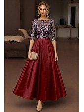 abordables Robes de cocktail-A-Line Ankle Length Tea Length Cocktail Dresses Elegant Sparkle Half Sleeve Boat Neck Wedding Cocktail Party Taffeta Stretch Satin with Lace Pleats Sequin