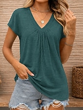 billiga Enkel t-shirt-Dam T-shirt T-tröja Ensfärgat Elegant Mode Ledigt Kortärmad V-hals Crop Tops Ledigt Dagligen Sommar Vinrött Blågrön Svart Vit Rodnande Rosa Sommar Vår