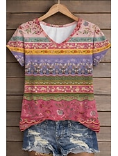  American Independence Day Women's T Shirt Print Graphic American Flag Vintage Stylish Classic Short Sleeve V Neck Long Tops Daily Lotus Root Pink White Rainbow Summer Spring Fall Winter