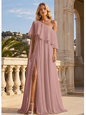 cheap Long Dresses &amp; Gowns-A-Line Floor Length Prom Dresses Elegant Sleeveless One Shoulder Formal Wedding Guest Stretch Chiffon with Ruffles Slit