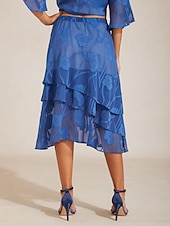  Damen Elegant Midi Mittlere Taille Röcke Blumen Geschichtet Elastischer Bund Illusionsspitze Dehnbar Täglich Valentinstag Wedgewood Sommer