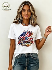 billige Uavhengighetsdag Topp-Amerikansk uavhengighetsdag Dame 100% قطن T skjorte Trykt mønster Grafisk Bokstaver Amerikansk flagg Årgang Stilfull Fritid Kortermet Crew-hals Vanlige topper Avslappet Daglig Helg Blå Svart Hvit