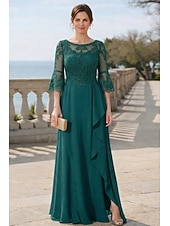 abordables Largo del piso-Corte A Hasta el Suelo Vestido Invitada Boda Vestido formal Vestido de noche Vestido de Madrina Manga Larga Cuello Barco Elegante Formal Invitado a la boda Noche formal Gasa con Un Color