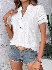 economico Bluse Eleganti-Per donna Camicia Camicia traforata Top traforato Blusa Traforato Elegante Moda Quotidiano Manica Corta Scollo a V Top Regolari Casuale Bianco Estate Primavera