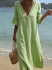 baratos Vestido Simples-Mulheres Vestido midi Vestidos Para o Verão Elegante Férias Manga Princesa Praia Ajuste Largo Côr Sólida Meia Manga Decote mergulhador Azul Claro Branco Champanhe Verde Claro Verão Primavera