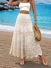 economico Gonne da Vacanza-Per donna Cotone Bohemien Maxi Vita Alta Gonne Pizzo Foro Micro-elastico Albicocca Estate