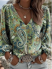 abordables Art &amp; Design Blouses-Femmes Chemise Graphique Géométrique Paisley Bohème Vacances ancien manche longue Col en V Col plongeant Hauts Longs Occasionnel Quotidien Fête Bleu Kaki Marron Vert Été Printemps Automne Hiver