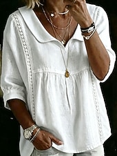  Mulheres Camisa Pointelle Blusa Tops de renda Blusas estilo babydoll Patchwork Tecido Elegante Boêmia Manga 3/4 Lapela Tops regulares Casual Branco Rosa Azul Céu Verão Primavera