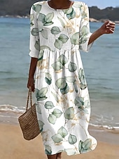 baratos Vestido branco-Mulheres Vestido midi Vestidos Para o Verão Vestido de verão Férias Casual Boho Feriado Normal Floral Gráfico Meia Manga Gola Redonda Branco Verde Claro Azul Céu Verão Primavera