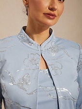 billiga Blusdräkter för kvinnor-Dam Jakke Dressiga toppar Tvillingset Paljetter Blommig Elegant 3/4 ärm Kraghalsband Vanliga toppar Festkvällskläder Högtidskläder Cocktailklädsel Dammig blå Sommar Vår Höst
