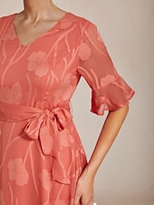  Dames Halflange jurk Chiffon jurk Elegant Dagelijks Bruiloft gast Afspraakje Normale pasvorm Bloemig Halve mouw V-hals Koraalrood