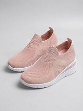 ieftine Femei-Teniși slip-on albi tricotați cu platformă pentru femei – pantofi sport ușori și respirabili, pentru activități în aer liber, plimbări, călătorii și purtare zilnică