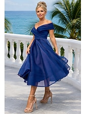 abordables Vestidos de cóctel-Corte A Vestido Midi Vestidos de coctel Vestidos de fiesta Vintage 1950s Sin Mangas Hombros Caídos Invitado a la boda Tul con Plisado