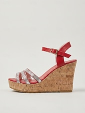 cheap Wedge Sandals-Women's Red Rhinestone Wedge Sandals - Sparkly Crystal Multi-Strap Platform Shoes with Cork Sole &amp; Ankle Buckle for Outdoor Vacations, Tropical Getaways &amp; Summer Parties