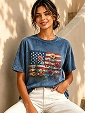  Dia da Independência Americana Mulheres 100% Algodão Camiseta Blusas lavadas estilo vintage Imprimir Gráfico Bandeira americana Vintage Moda à moda Manga Curta Gola Redonda Tops regulares Casual
