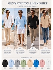 cheap Vacation-Men's Shirt Linen Shirt Summer Shirt Beach Wear Button Up Shirt Plain Vacation Casual Blue Black White Pink Long Sleeve Turndown Spring &amp; Summer Clothing Apparel