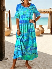 economico Arte &amp; Design Abiti-Per donna Abito Midi Vestito Casual Abito a trapezio Elegante Vacanza Spiaggia Ferie Vestibilità regolare Grafico Geometrico Mezza Manica Girocollo Blu Viola Arancione Verde Estate Primavera