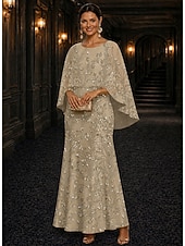 billiga Knöchellänge-A-Line Dress Floor Length Ankle Length Cocktail Dress Mother of the Bride Dress Long Sleeve Scoop Neck Elegant Luxurious Sparkle &amp; Shine Formal Wedding Guest Semi Formal Lace with Beading Sequin