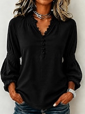 billige Enkle bluser-Dame Bluse Knapper Helfarge Stilfull Fritid Langermet V-hals Vanlige topper Avslappet Daglig Blå Svart Hvit Rosa Rød Sommer Vår Høst